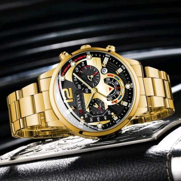 NEW MENS QUARTZ LARGE  FACED TRIPLE DIAL GOLD WATCH AND BRACELET SET - Picture 5 of 5